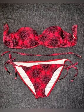 Ella Moss Hot Coral Pink Navy Blue Print Two-Piece Strapless Halter Bikini Set